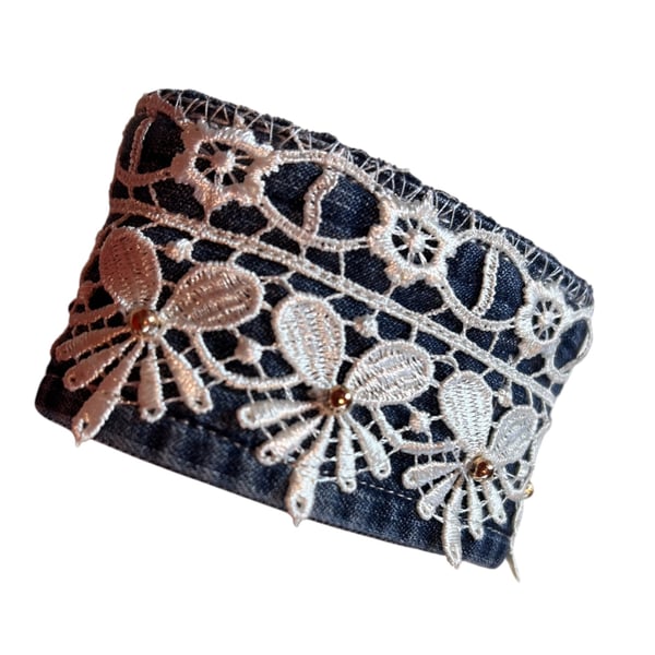 One of a Kind Upcycled Denim Cuff Bracelet with Lace and Faux Gold Beads 