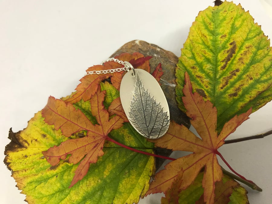 Fine silver wild raspberry leaf pendant