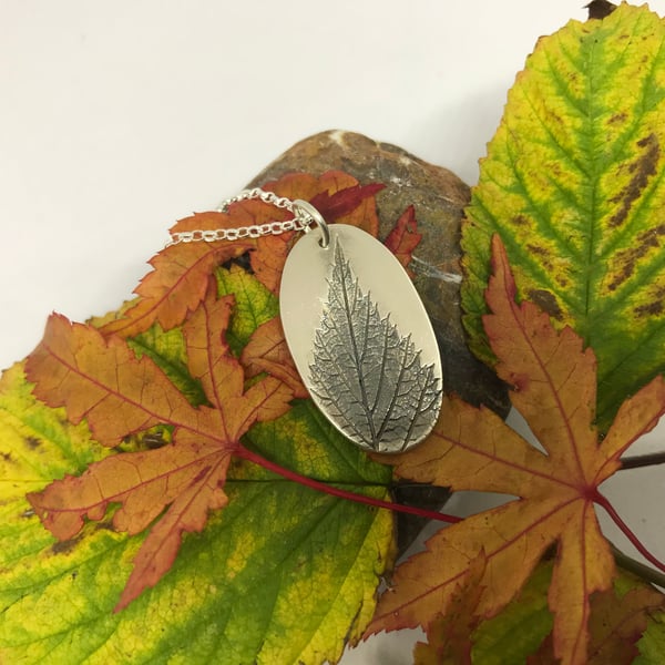 Fine silver wild raspberry leaf pendant
