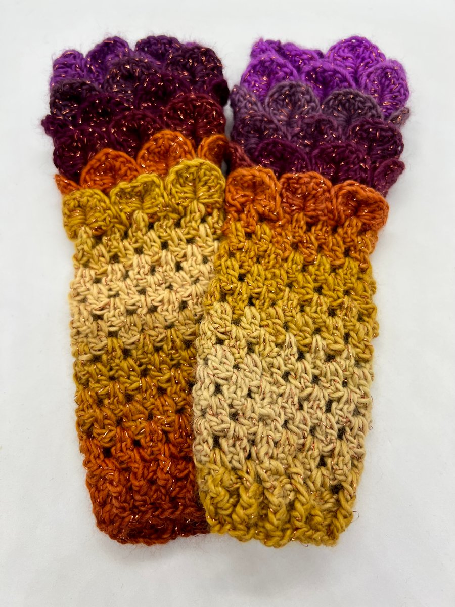 Dragon Scale Crochet Gloves - (Long) - Golden Sunset 4