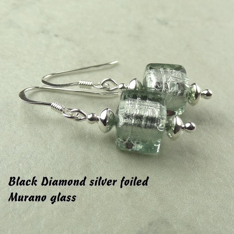 Sterling silver 7mm grey genuine Murano glass cube drop earrings, in a gift box