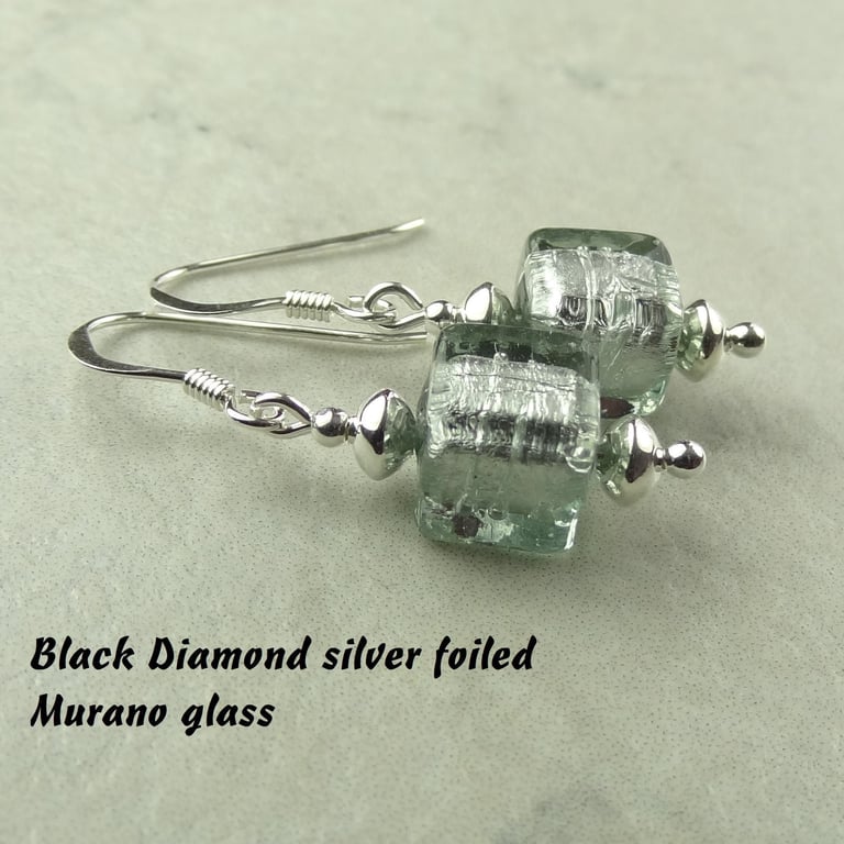 Sterling silver 7mm grey genuine Murano glass cube drop earrings, in a gift box