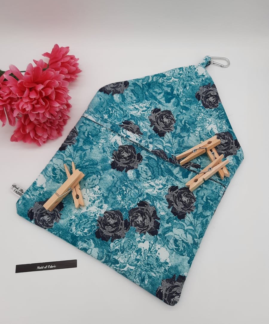 Peg bag clip on, turquoise and black rose cotton. 