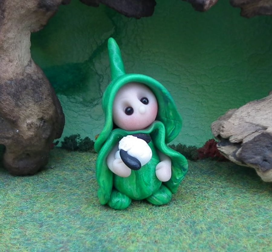 Tiny Shepherd Gnome 'Samuel' with lamb 1.5" OOAK Sculpt by Ann Galvin