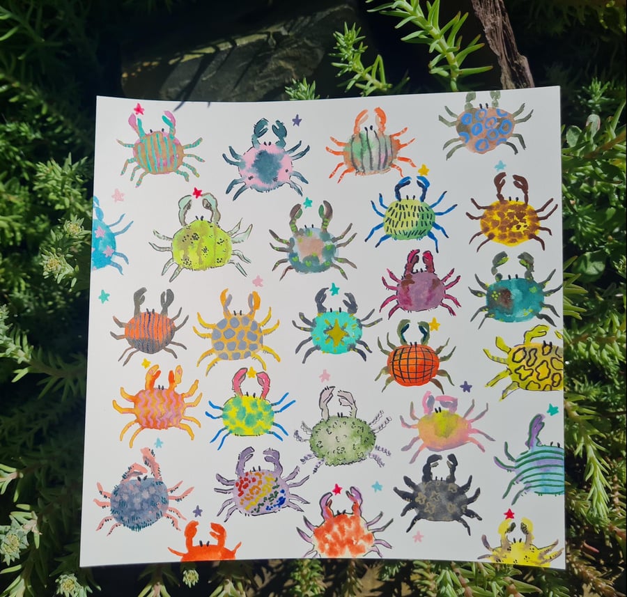 Hand painted watercolour colourful Crab and stars art