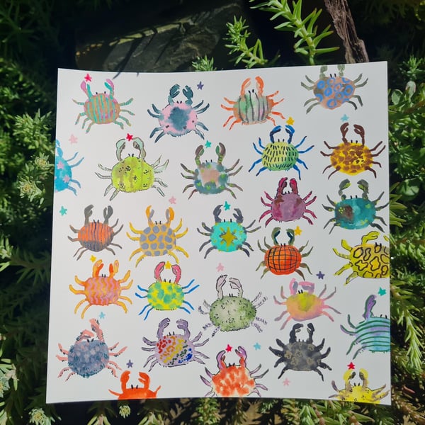 Hand painted watercolour colourful Crab and stars art