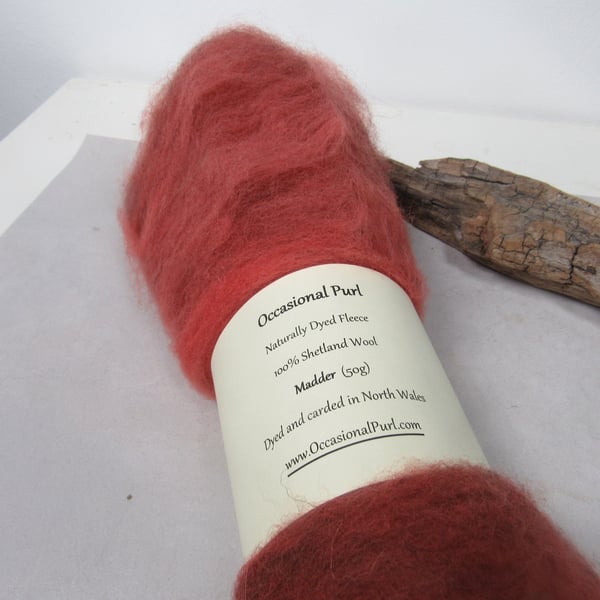 50g Madder Red Naturally Dyed Shetland Wool Batt