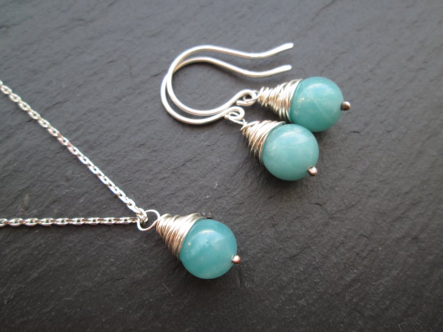 Blue Amazonite Jewellery Set - Gemstone Earrings and Pendant, Wire Wrapped Gift 