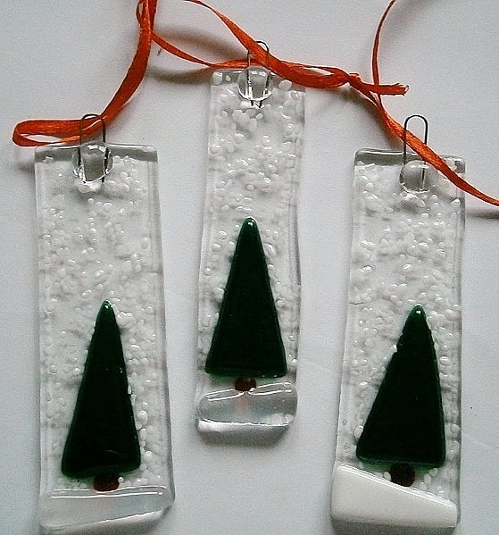 Fused glass Snowy tree Christmas decorations Dark green