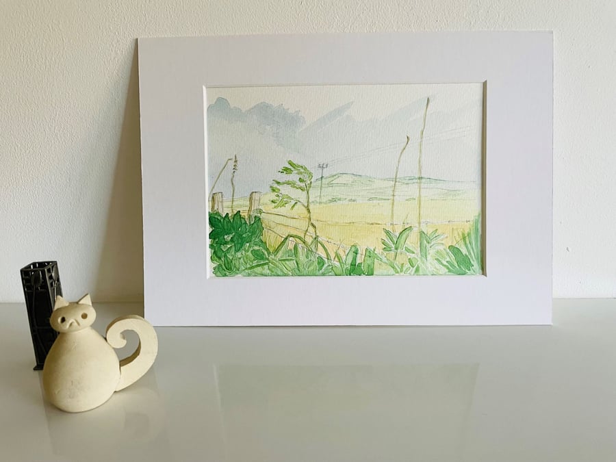 Original Watercolour Landscape Painting: Winter Hill - Golden Tones