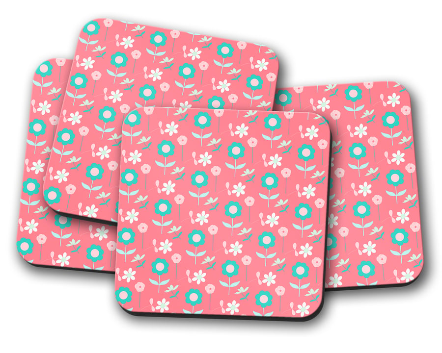 Set of 4 Pink Floral Design Coasters, Drinks Mat