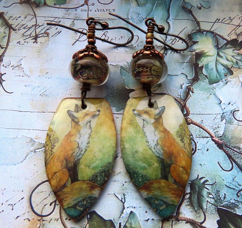Artisan Fox Long Dangle Earrings with Lampwork Glass Beads & Copper Hooks