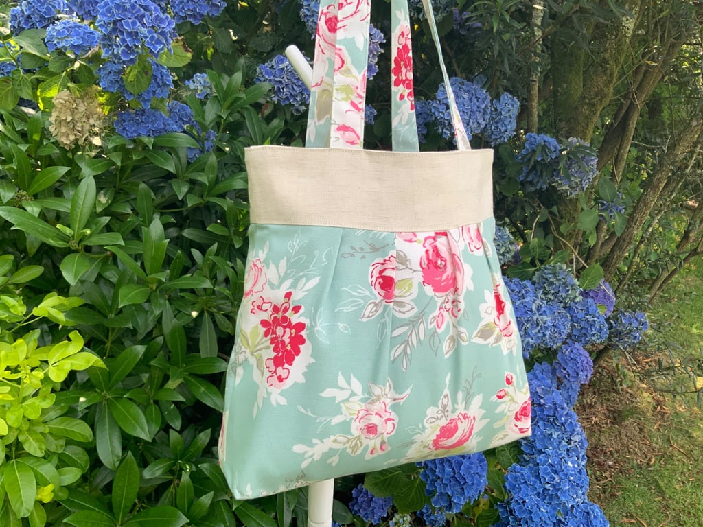 Tote Bag, Pleated Tote Bag, Linen, Hand Bag, Day Bag, Floral
