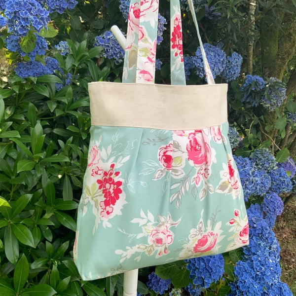 Tote Bag, Pleated Tote Bag, Linen, Hand Bag, Day Bag, Floral