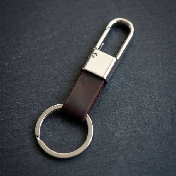 Dark Brown Full Grain Leather Carabiner Keychain Quick Release Clip UK