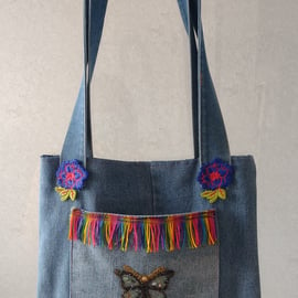 Fun Funky Denim Medium Size Lined Tote Bag 