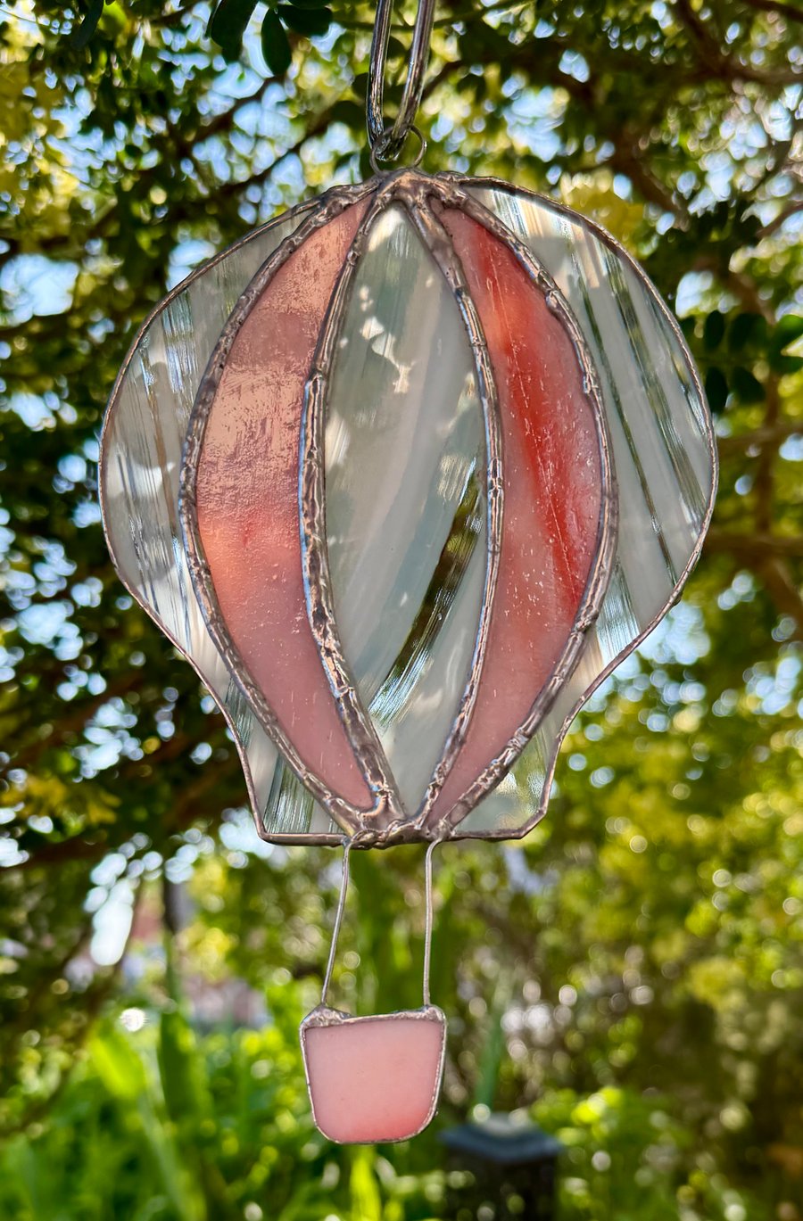 Stained Glass Hot-Air Balloon Suncatcher in streaky white, clear and sunset pink