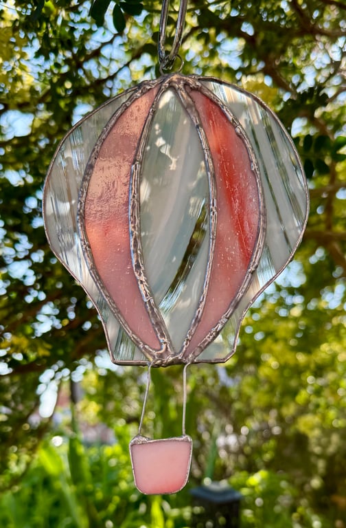 Stained Glass Hot-Air Balloon Suncatcher in streaky white, clear and sunset pink