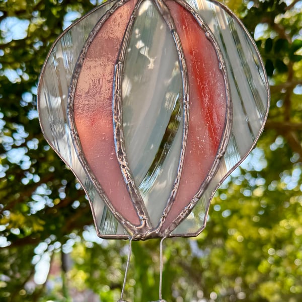 Stained Glass Hot-Air Balloon Suncatcher in streaky white, clear and sunset pink