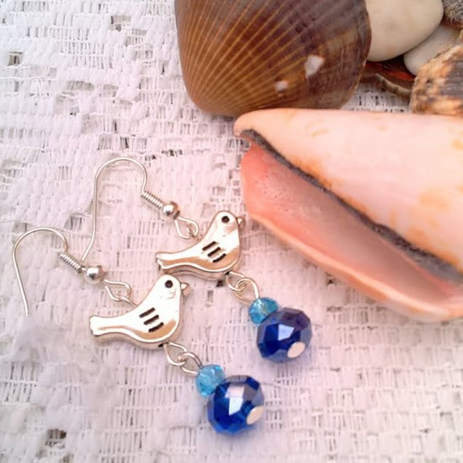 Silver Bird and Blue Crystal Earrings, Blue Earrings, Gift for Her, Bird Earring