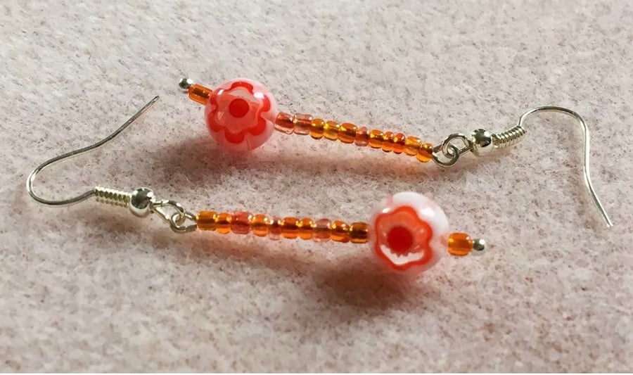 Orange with Millefiori Beaded Dangle Earrings