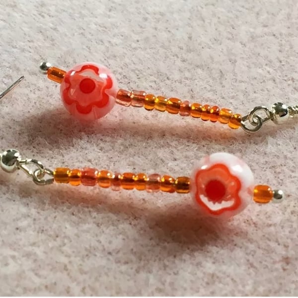 Orange with Millefiori Beaded Dangle Earrings