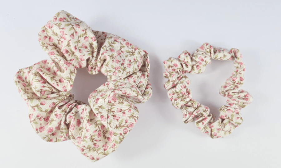 Pink Floral Scrunchie, Girly Xl Large Fluffy, Skinny Thin hair Tie Elastic