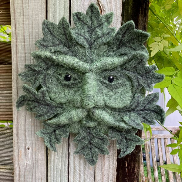 Green man, needle felted woollen sculpture, wall art