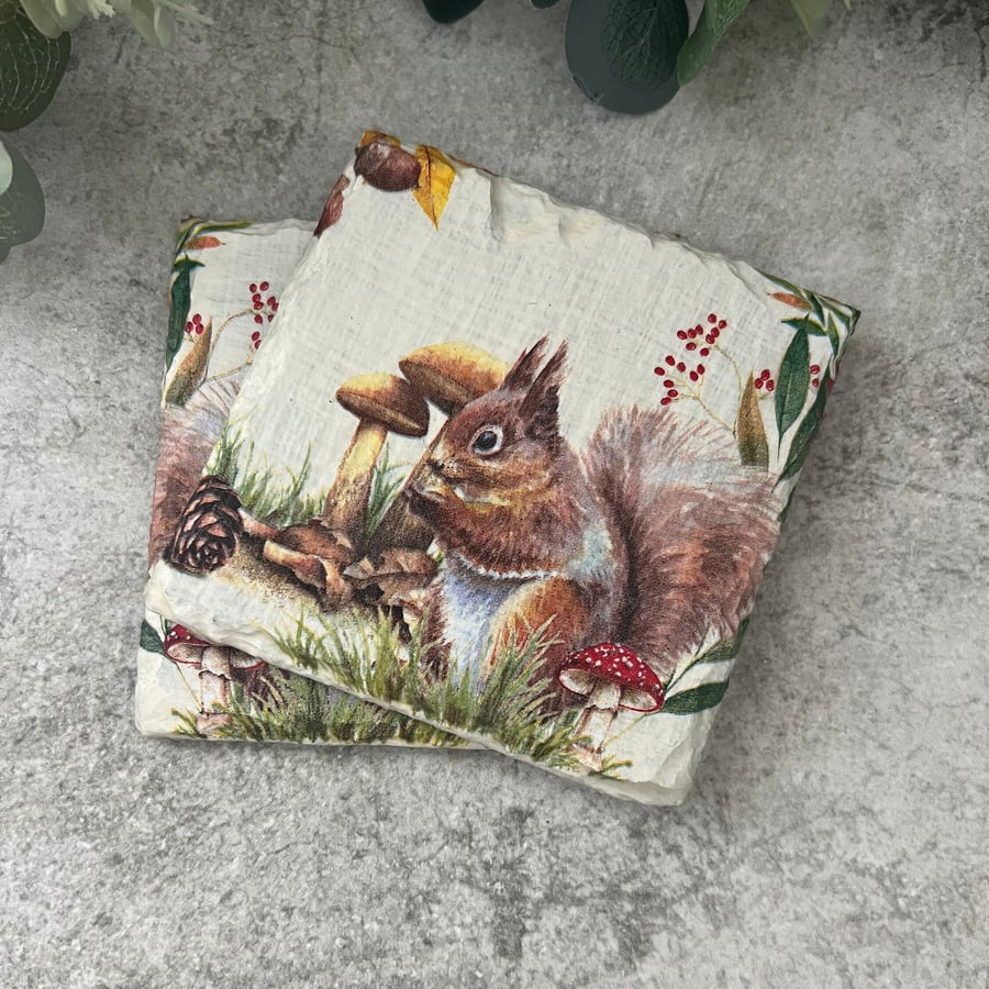 Slate Coasters Set of 2: Decoupage Rustic Red Squirrel- Home Decor, Dining, Gift