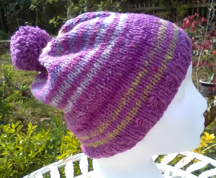 Handknit POM POM HAT 100% wool Stripey Pink Purple Green