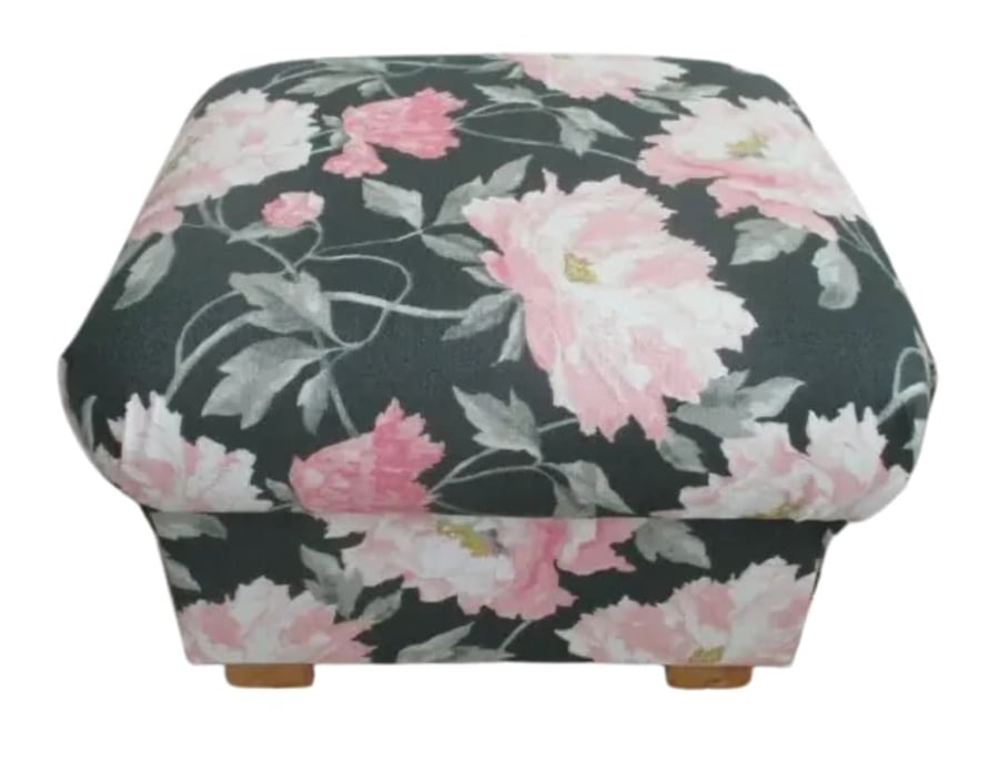 Storage Footstool Laura Ashley Peonies Grey Pink Fabric Pouffe Charcoal Floral 