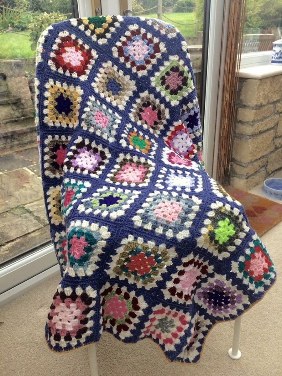 A Denim Granny Square Crochet Stargazer. Nursery. Afghan Lap Blanket