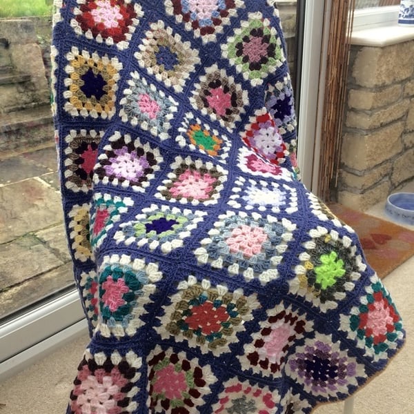A Denim Granny Square Crochet Stargazer. Nursery. Afghan Lap Blanket