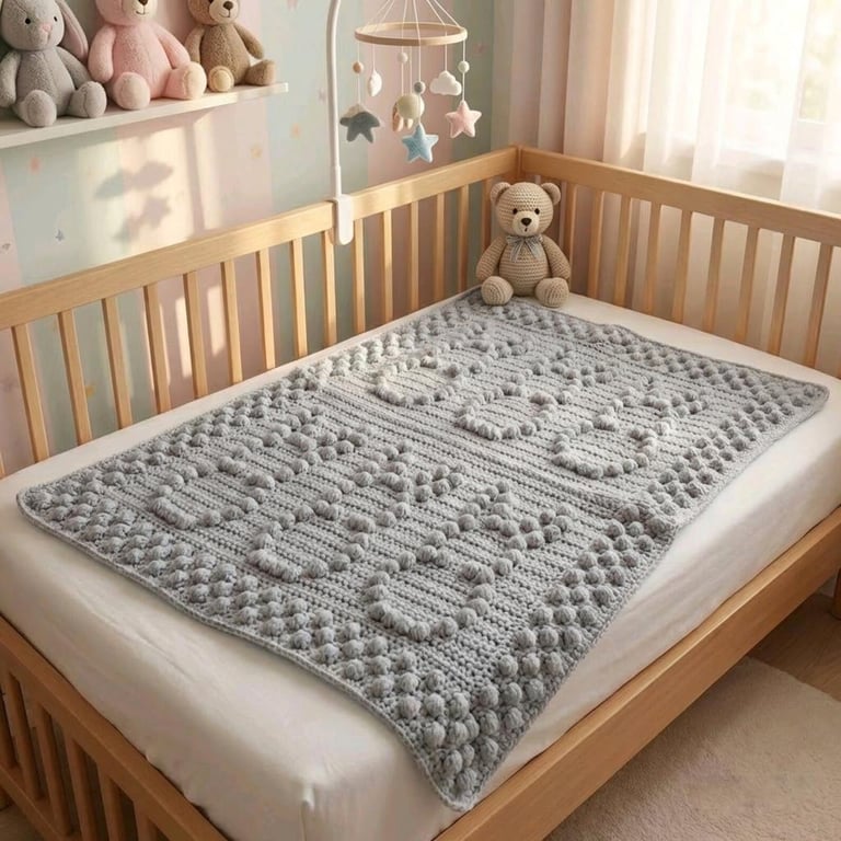 Light Grey Crochet Baby Blanket with Bunny Design Gender Neutral Nursery Bedding