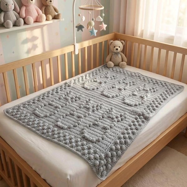 Light Grey Crochet Baby Blanket with Bunny Design Gender Neutral Nursery Bedding