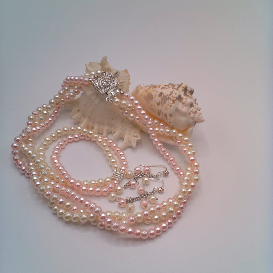 Pink and Cream 3 Strand Pearl Jewellery Set, Ladies Jewellery Set