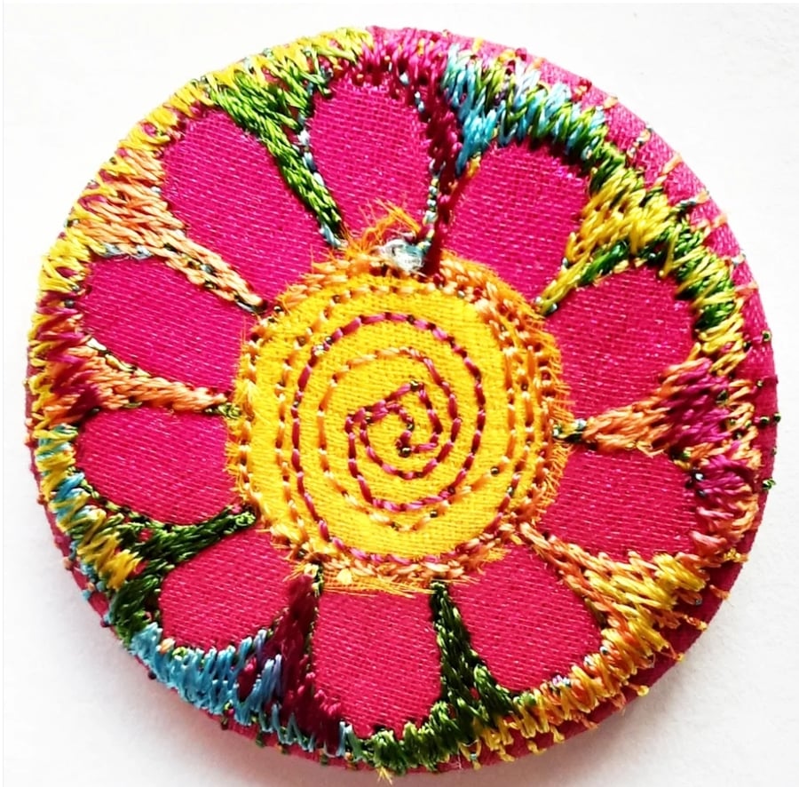38mm Hand Dyed Fabric Flower Botanical Badge with Free Machine Embroidery 