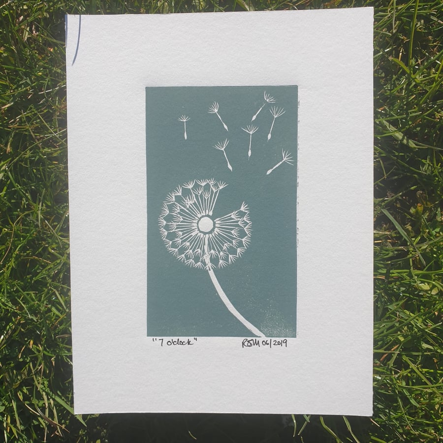 7 o'clock, original linocut print of a dandelion seedhead
