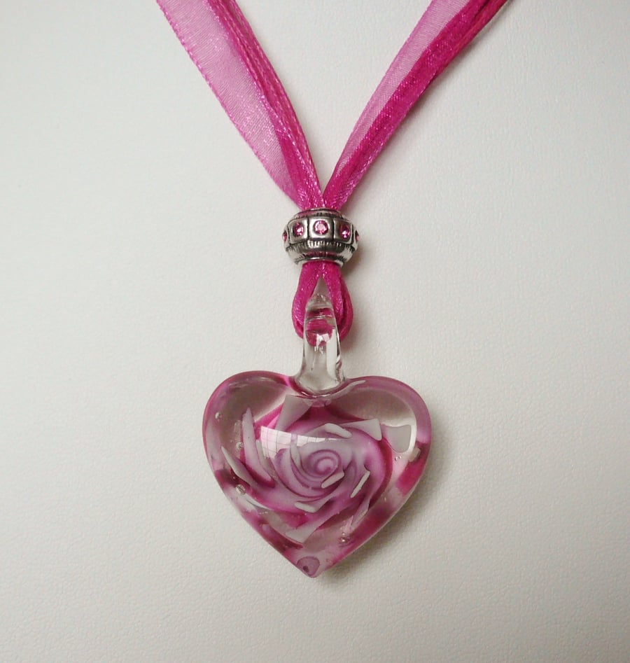Pink Rose Glass Heart Pendant Necklace  KCJ438