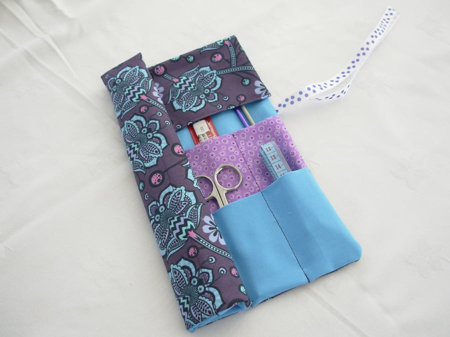 Knitting Needle Roll Purple Mauve and Turquoise