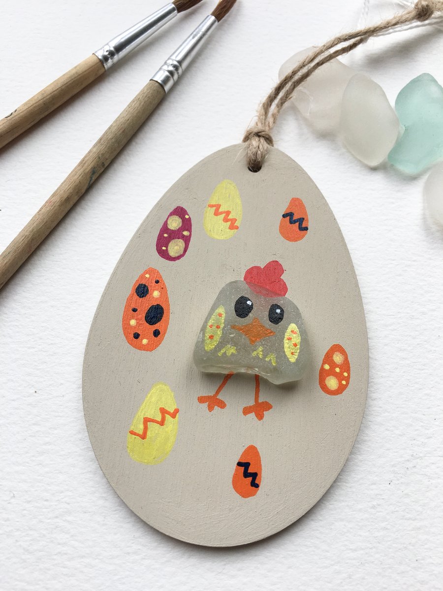 Wooden Easter egg decoration, hand painted sea glass chick