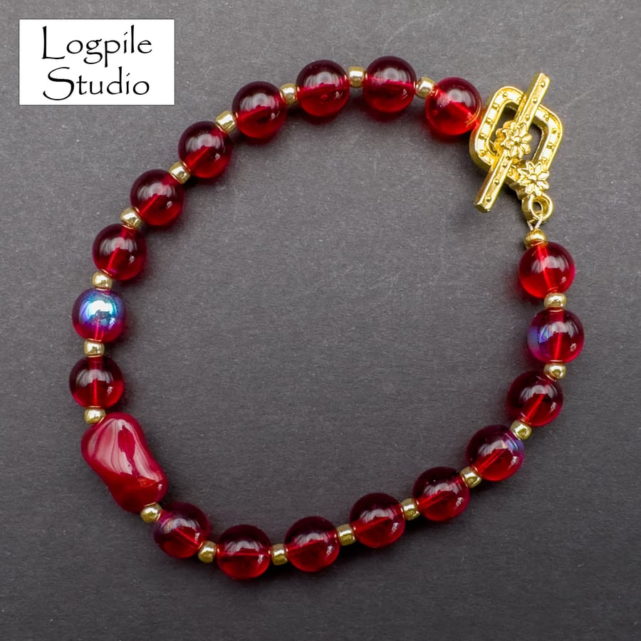 Red and Gold Glass Bead Bracelet