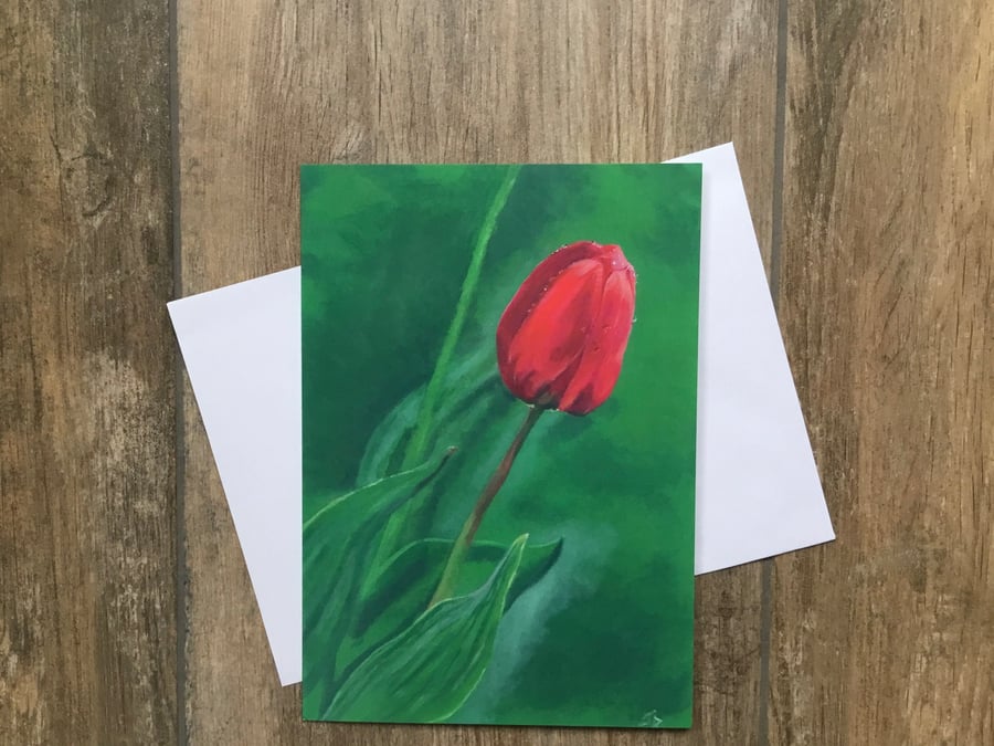 Large greeting card of ‘Dew Drop Tulip’ by UK artist Janet Bird