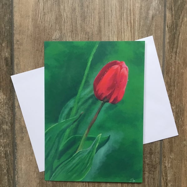 Large greeting card of ‘Dew Drop Tulip’ by UK artist Janet Bird
