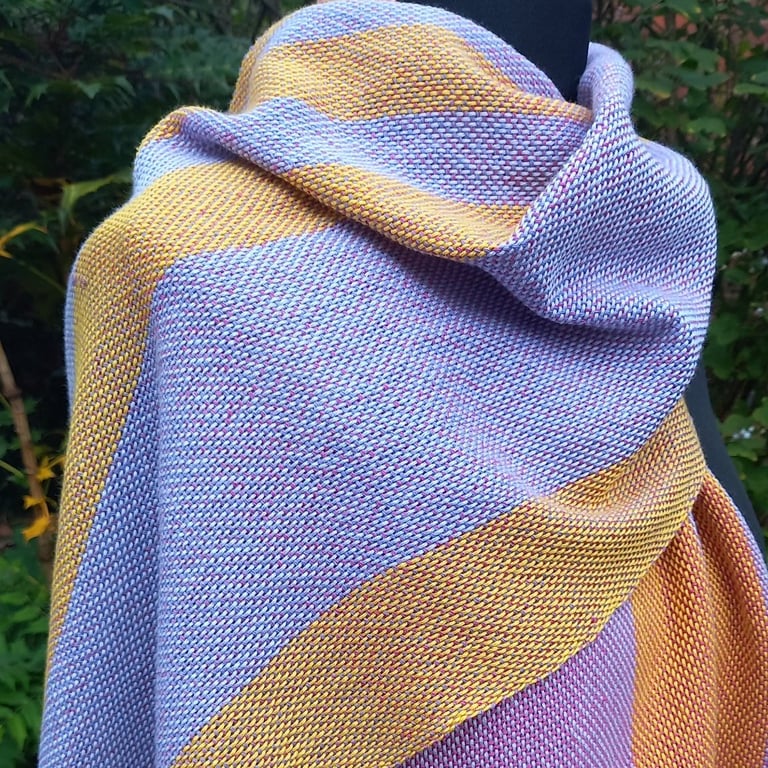 Handwoven Lightweight Cotton Blend Wrap Scarf in Blue, Yellow & Pink