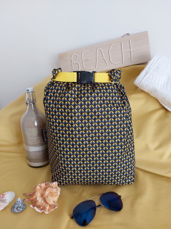 Large navy and mustard flower print drybag