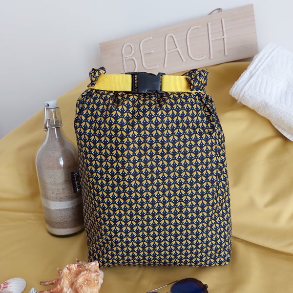 Large navy and mustard flower print drybag