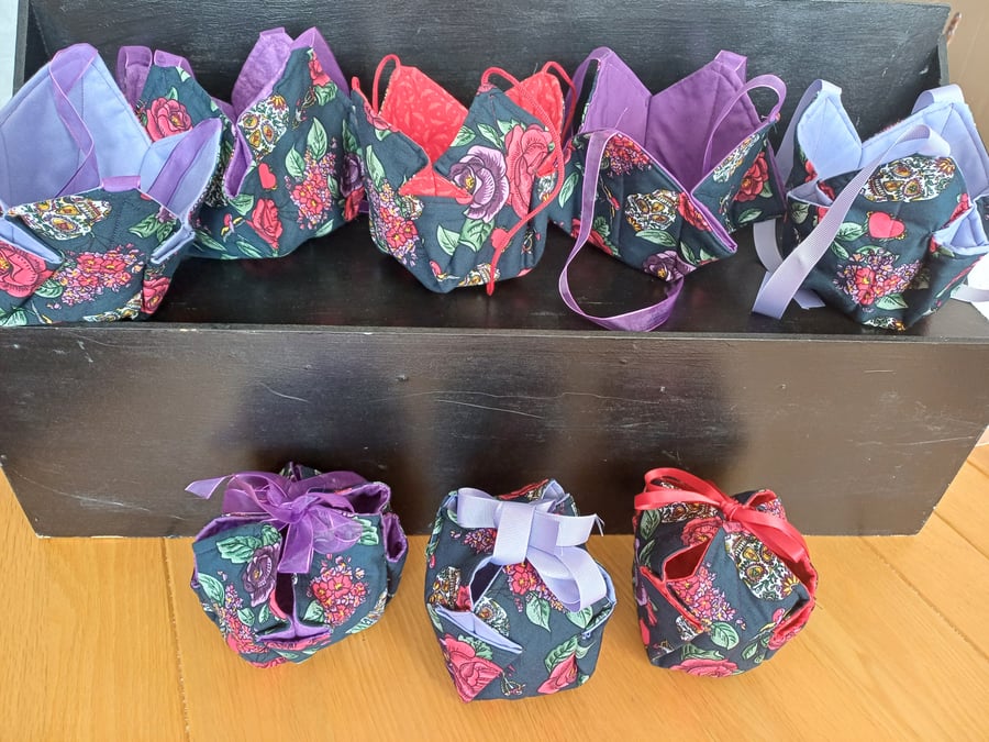 Cube gift bags in a skulls and roses design with tie tops