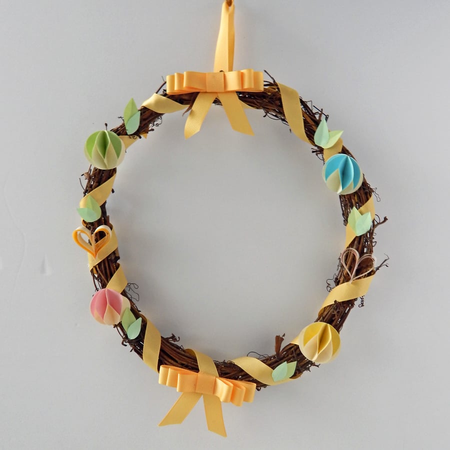 Yellow Spring Wreath home decor with paper eggs and flowers. Easter Gifts. 