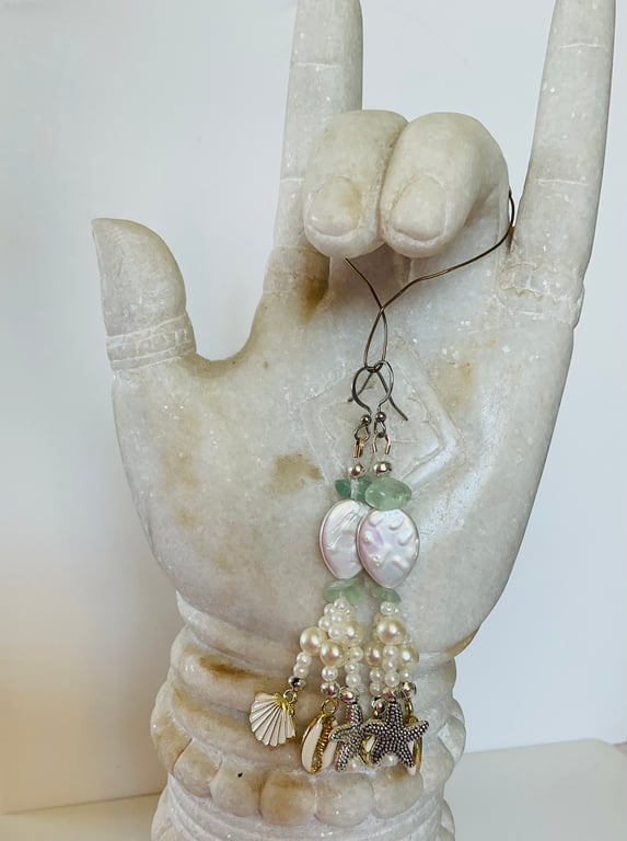 Mother of pearl and fluorite dangly earrings 